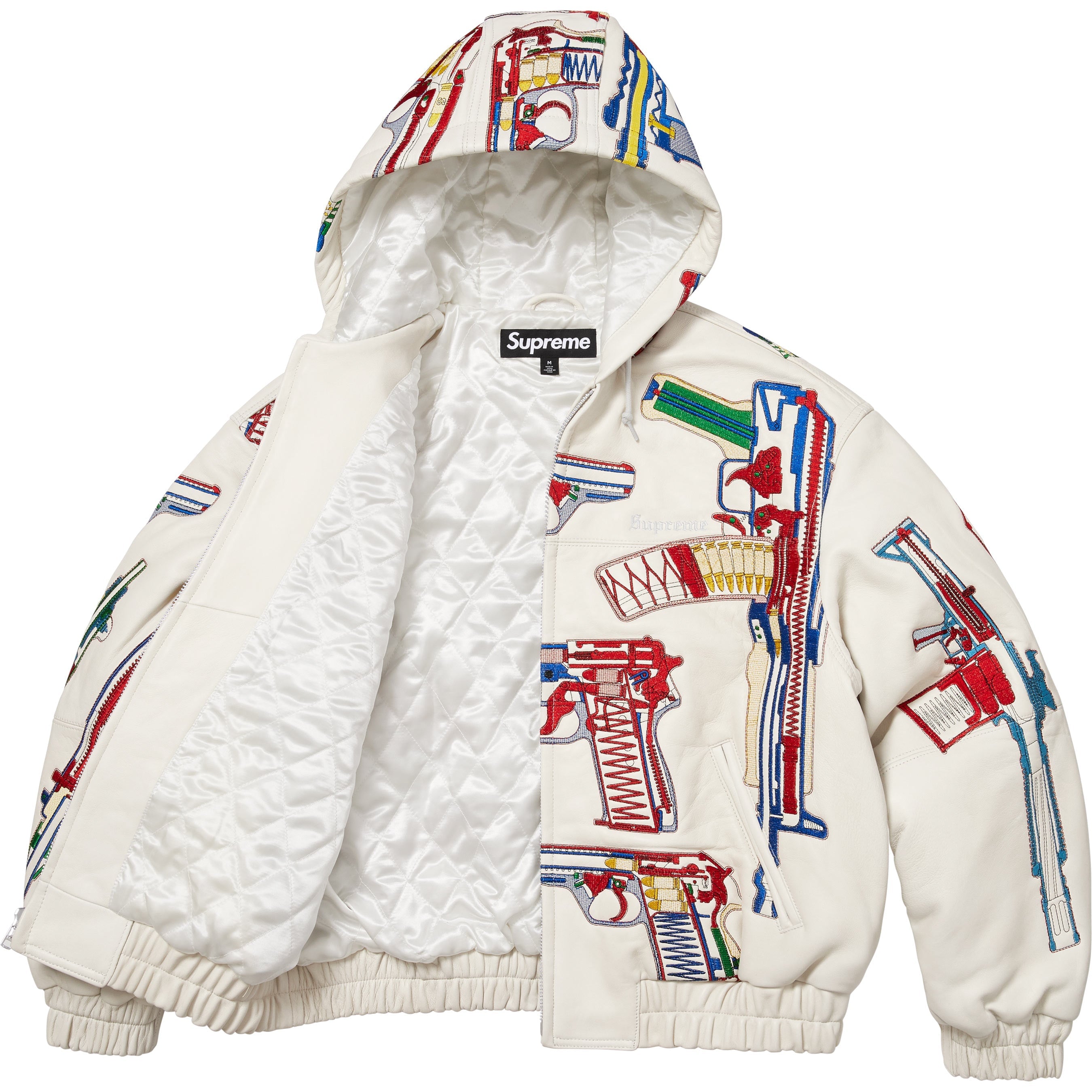 Guns Embroidered Hooded Leather Jacket view 11